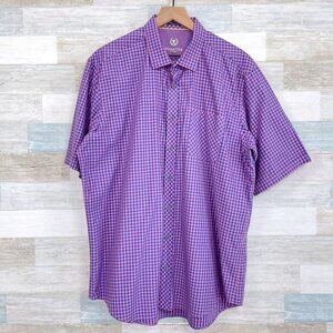 Bugatchi Uomo Gingham Short Sleeve Shirt Blue Pink Button Front Casual Mens XL